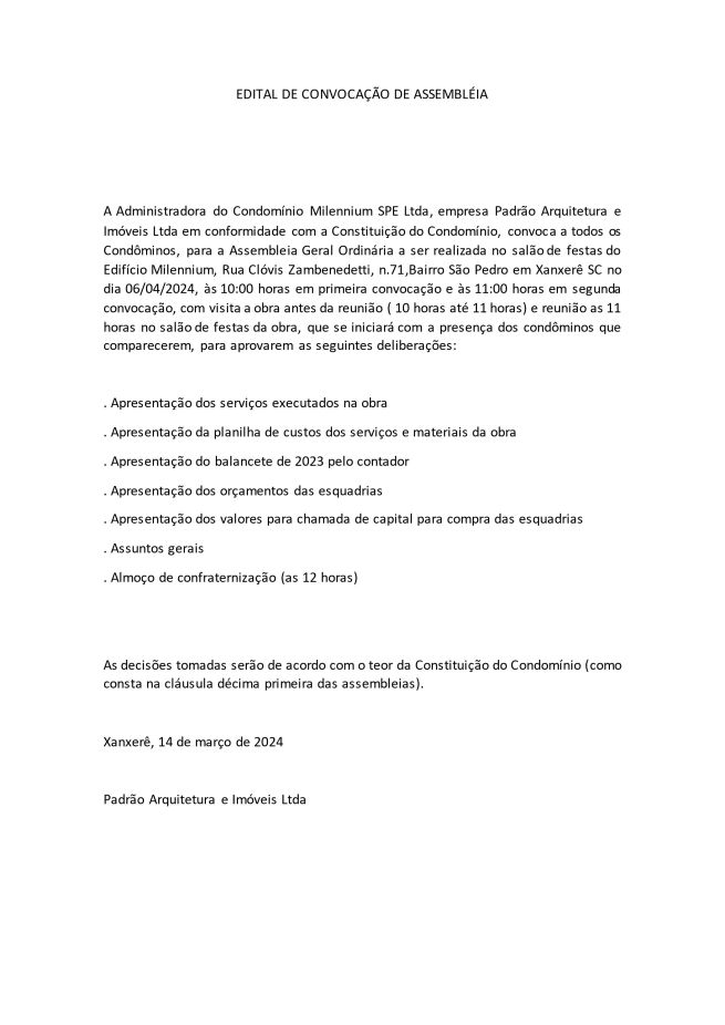 Administradora do Condomínio Milennium SPE LTDA convoca condôminos para