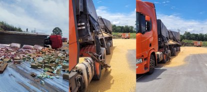 Grave colisão entre carreta, caminhão carro deixa dois homens feridos na BR-163, no Oeste