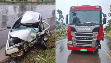 Jovem fica gravemente ferido após colisão frontal entre carro e caminhão na SC-160