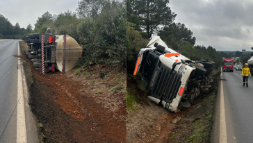 Caminhão carregado com óleo vegetal tomba às margens da BR-282 em Ponte Serrada