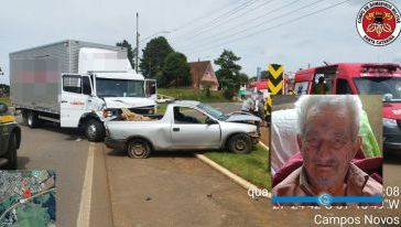 Idoso de 100 anos morre após grave acidente entre carro e caminhão na SC-470