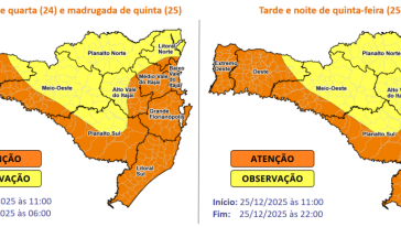 Defesa Civil alerta para possibilidade de temporais com chuva intensa entre a quarta (24) e a quinta-feira (25)
