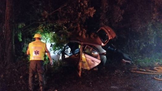 Colisão contra árvore na SC-163 deixa jovem ferido no interior de município do Extremo-Oeste 