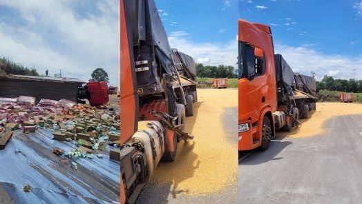 Grave colisão entre carreta, caminhão carro deixa dois homens feridos na BR-163, no Oeste