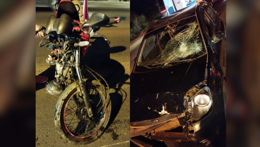 Colisão entre carro e motocicleta deixa três feridos; uma das vítimas parou no teto do carro