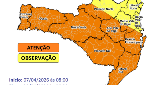 Previsão de temporais com fortes rajadas de vento entre a manhã de terça (07) e a madrugada de quarta-feira (08)
