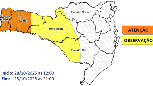 Chance de temporais isolados entre a tarde e a noite da terça-feira (28), no Oeste 