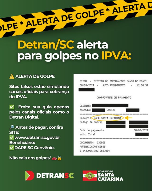 Detran/SC alerta para golpes com páginas falsas para pagamento do IPVA