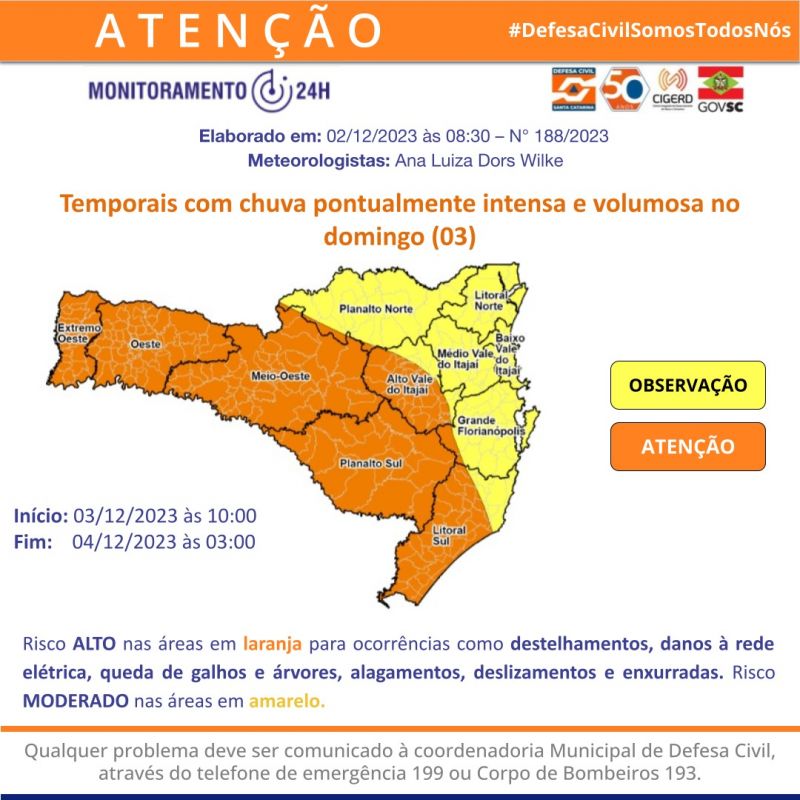 Defesa Civil alerta para possibilidade de temporais no Oeste ao longo do domingo (03)