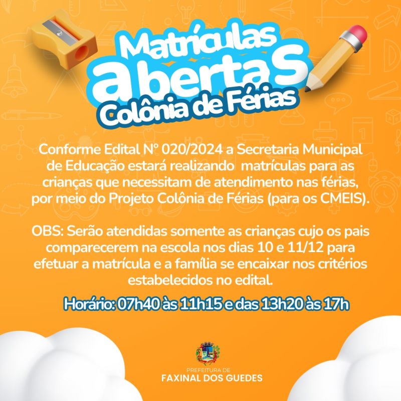 Secretaria de Educação abre matrículas para Projeto Colônia de Férias em Faxinal dos Guedes