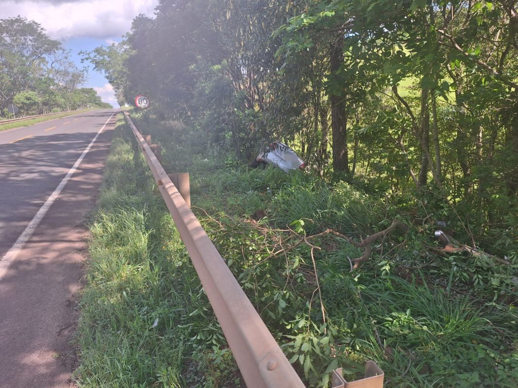 Veículo sai da pista e colide em placa de sinalização na SC-157, no Oeste