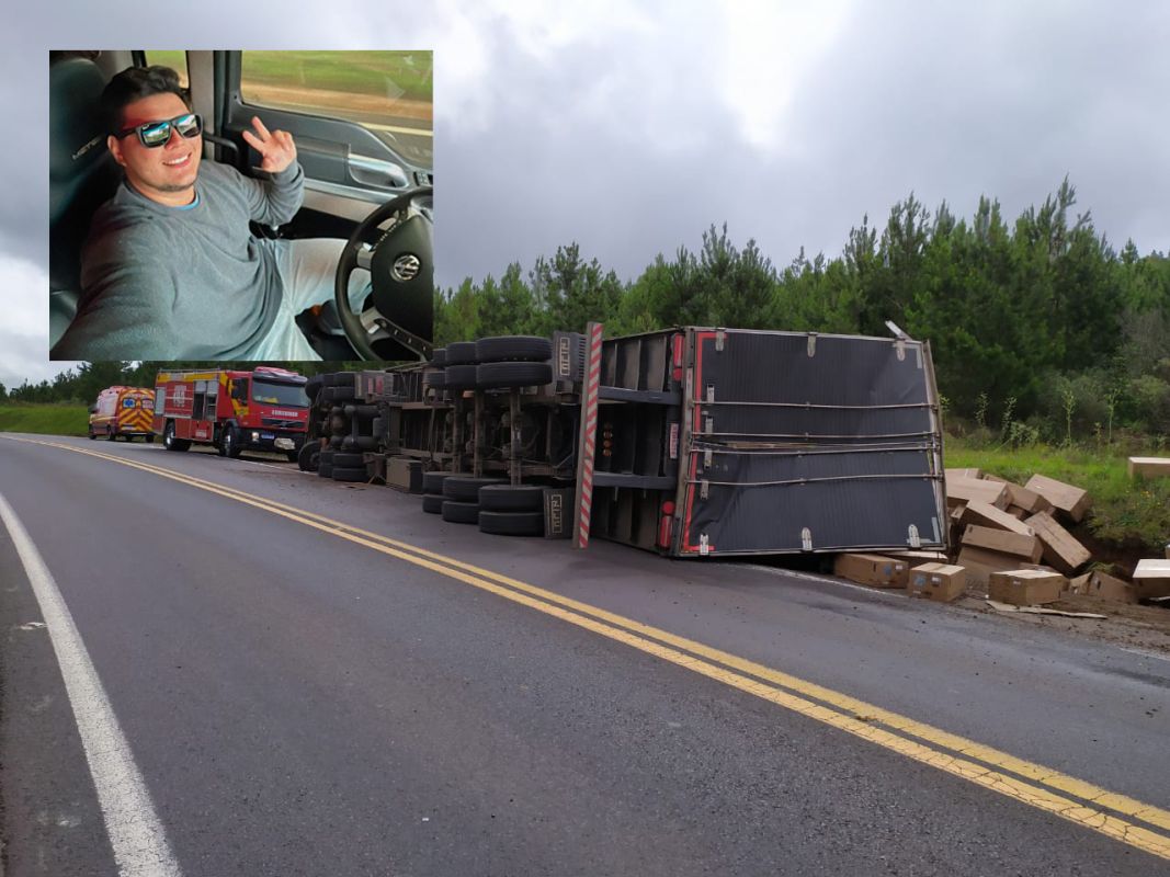 Motorista fica preso sob baú de carreta e morre após saída de pista seguida de capotamento na BR-153