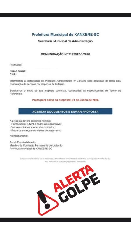 Prefeitura de Xanxerê alerta população sobre golpes aplicados em nome do município