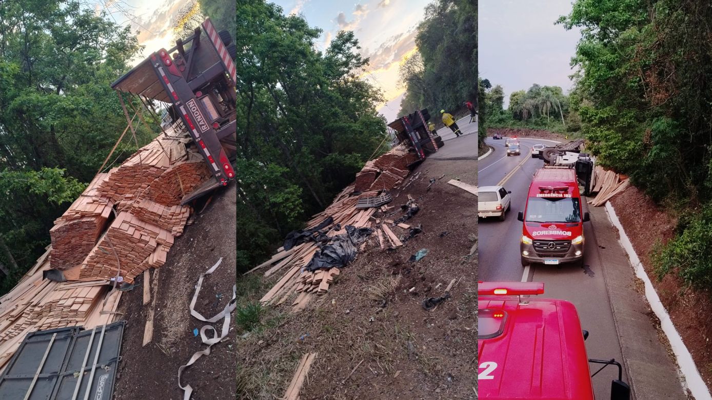 Carreta carregada de madeira tomba na BR-282 em Cordilheira Alta