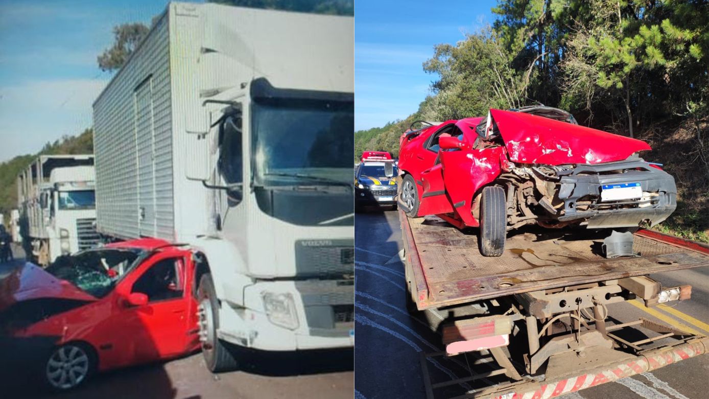 Motorista fica ferido após carro ser prensado entre caminhões na BR-282, em Joaçaba