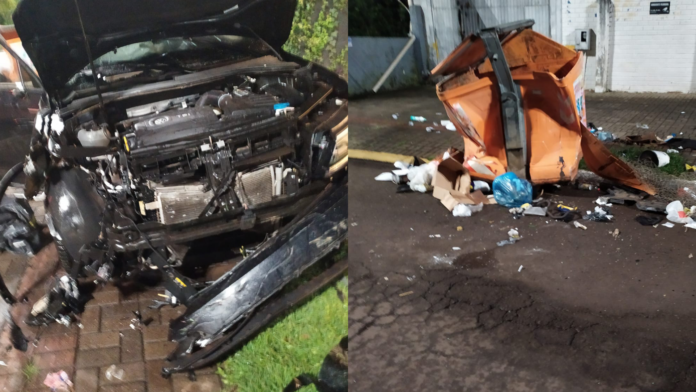 Veículo colide contra lixeira e deixa uma pessoa ferida em Chapecó