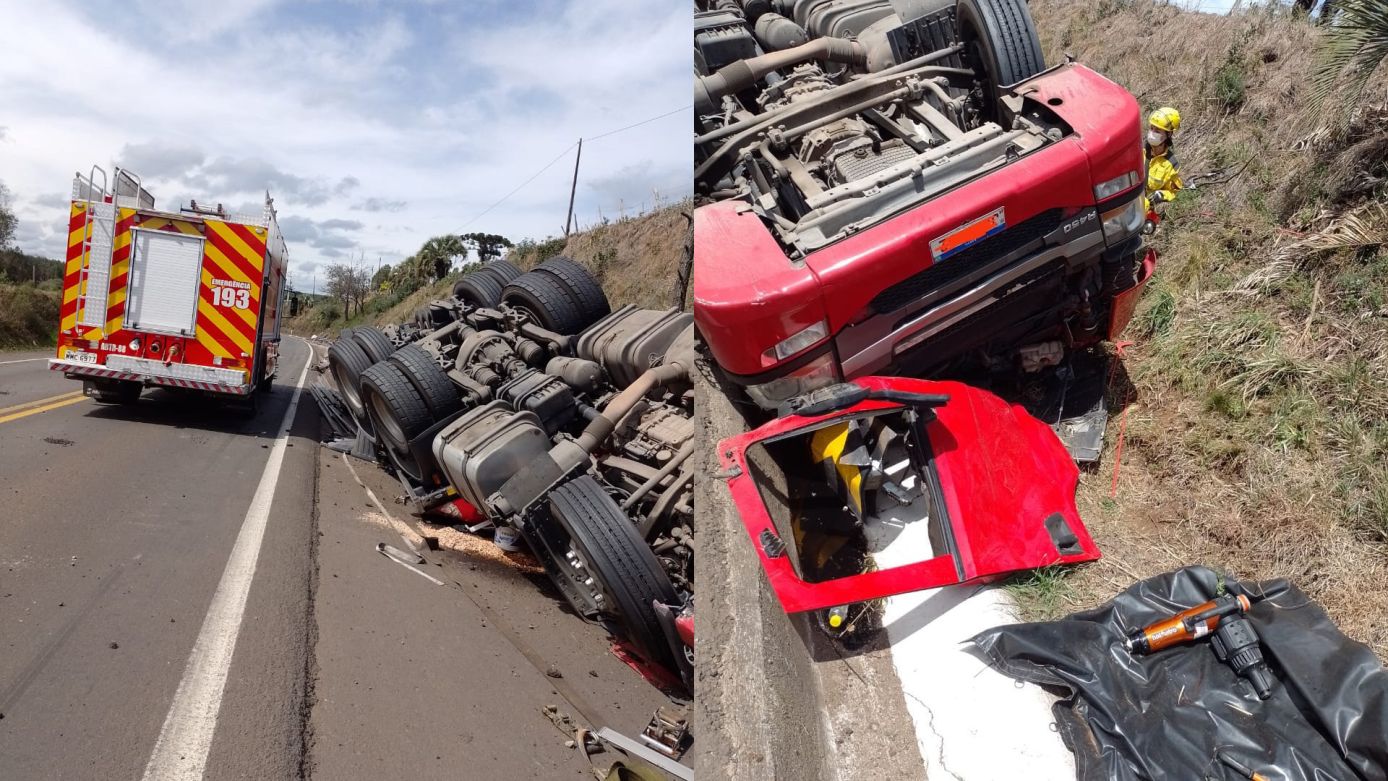 Condutor morre após capotamento de caminhão na BR-282, em Ponte Serrada