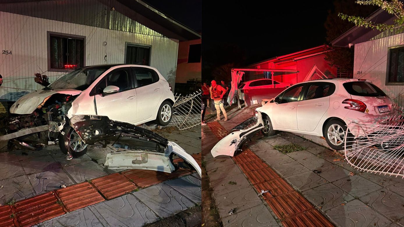 Homem perde o controle do veículo, colide em muro de três residências e em poste de energia elétrica, em Xanxerê