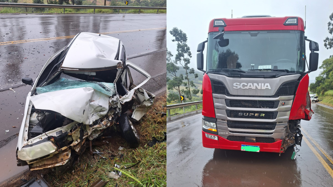 Jovem fica gravemente ferido após colisão frontal entre carro e caminhão na SC-160