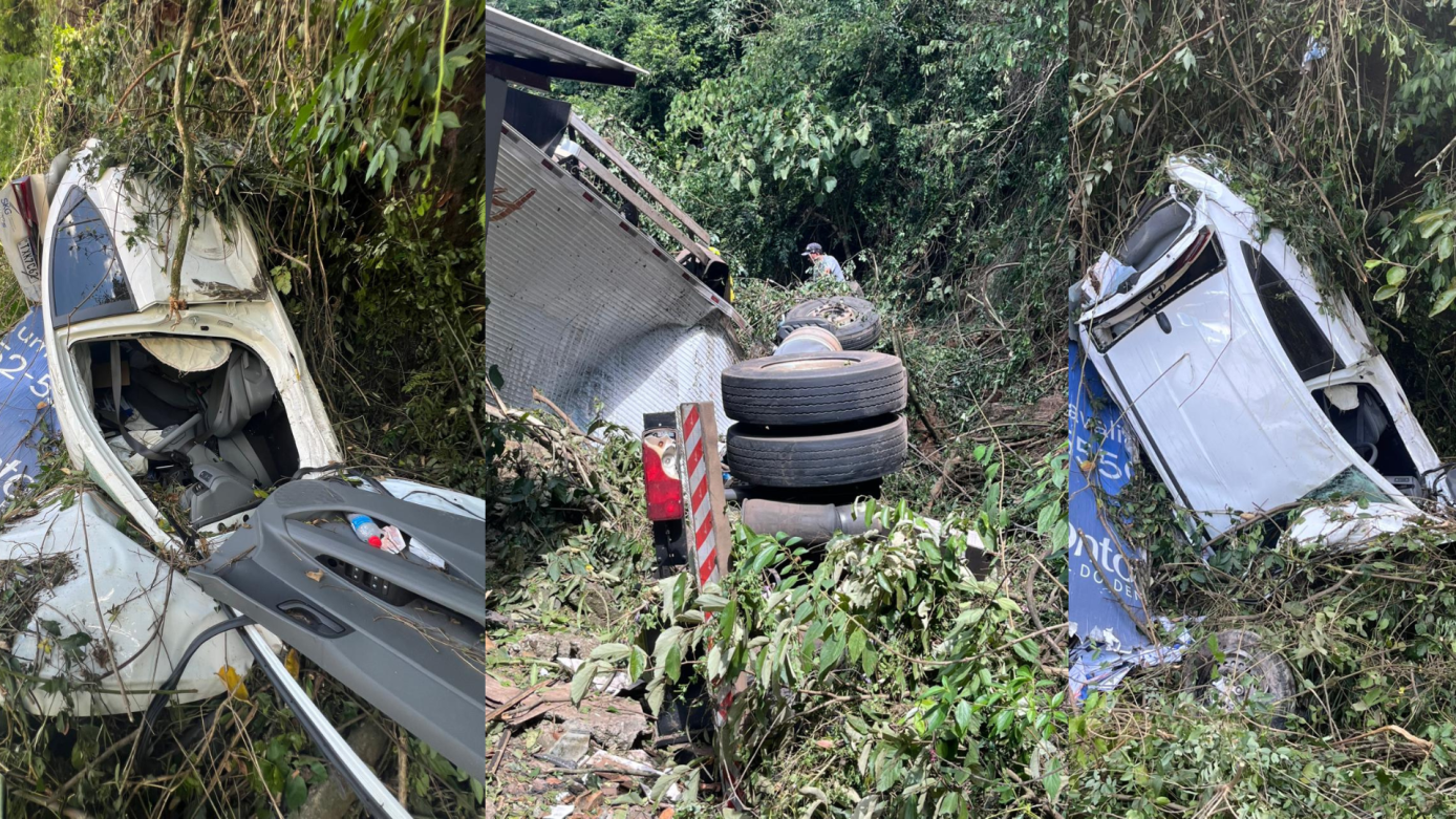 VÍDEO: carreta e carro despencam de ribanceira no município de Seara e vítimas ficam presas às ferragens
