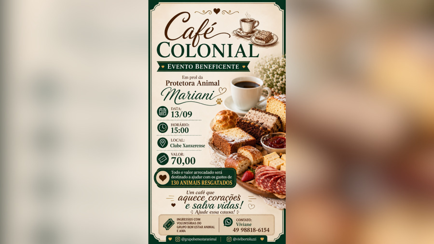 Café colonial beneficente busca ajudar protetora que cuida de cerca de 130 animais