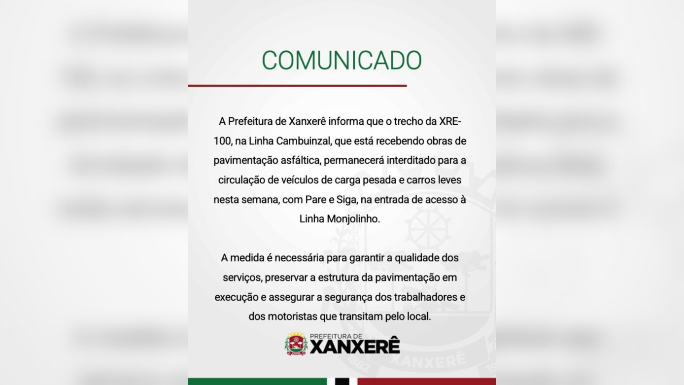 Trecho da XRE-100 em Xanxerê terá trânsito controlado durante obras de pavimentação