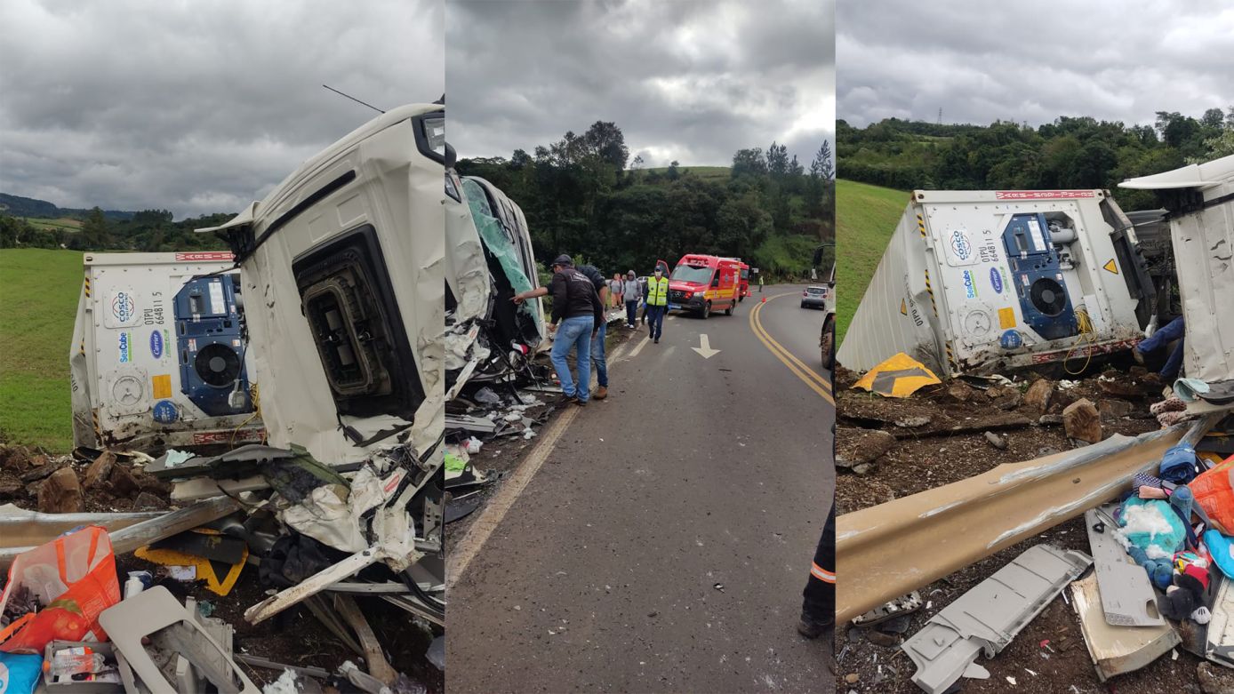 Condutora tem ferimentos leves após carreta capotar na SC-157, em Quilombo