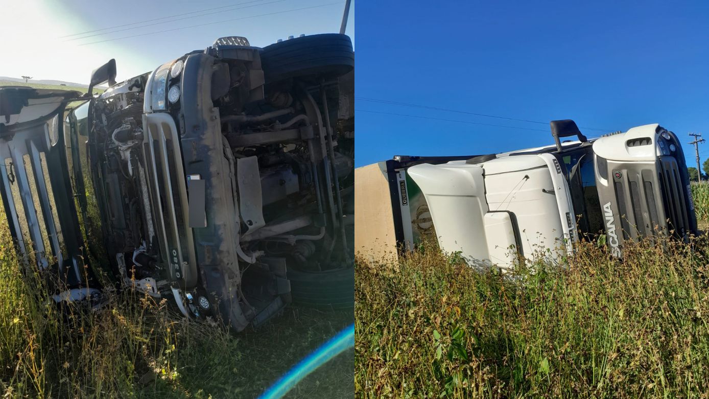 Motorista fica ferido após carreta tombar na SC-480, em São Domingos