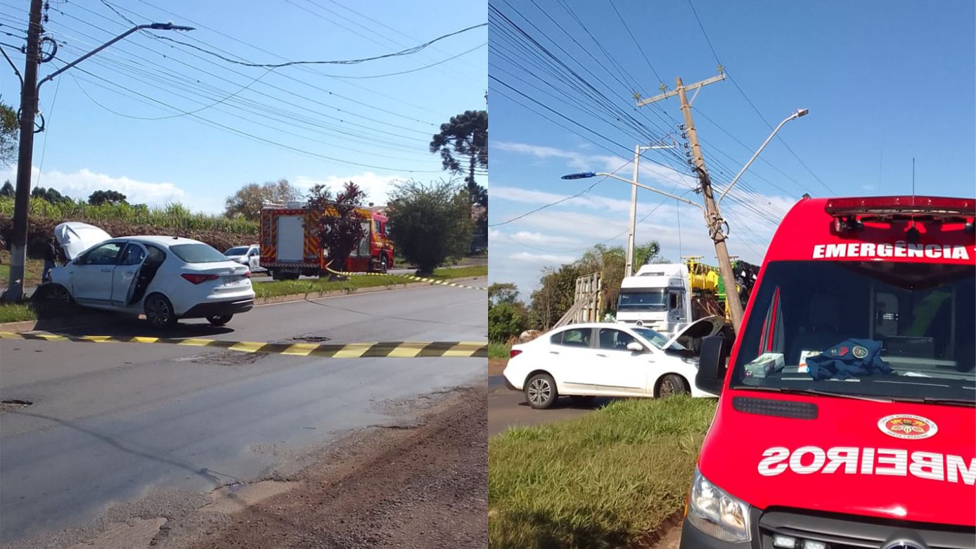 Idosa de 69 anos sofre ferimentos após colidir veículo em poste em município do Oeste 
