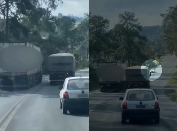 VÍDEO: Caminhão faz ultrapassagem perigosa e quase causa acidente na BR-470, em SC