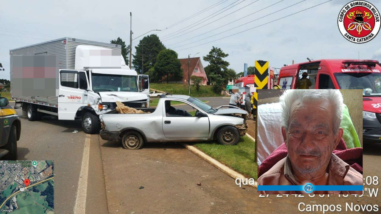 Idoso de 100 anos morre após grave acidente entre carro e caminhão na SC-470