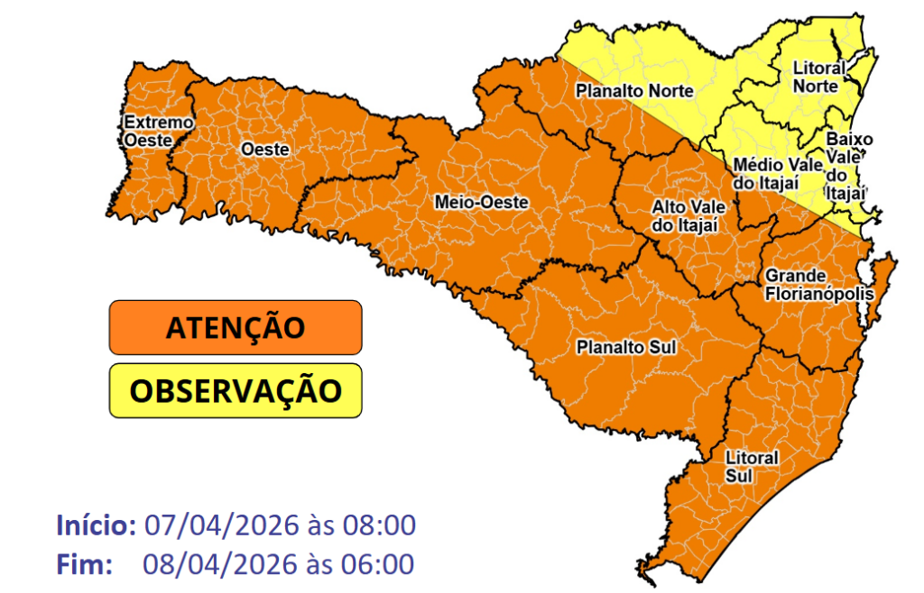 Previsão de temporais com fortes rajadas de vento entre a manhã de terça (07) e a madrugada de quarta-feira (08)