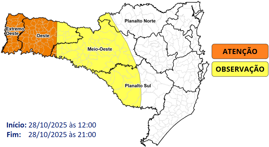 Chance de temporais isolados entre a tarde e a noite da terça-feira (28), no Oeste
