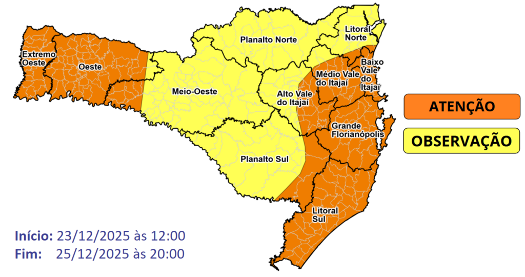 Temporais com chuva intensa entre as tardes e noites de terça (23) e quinta-feira (25)