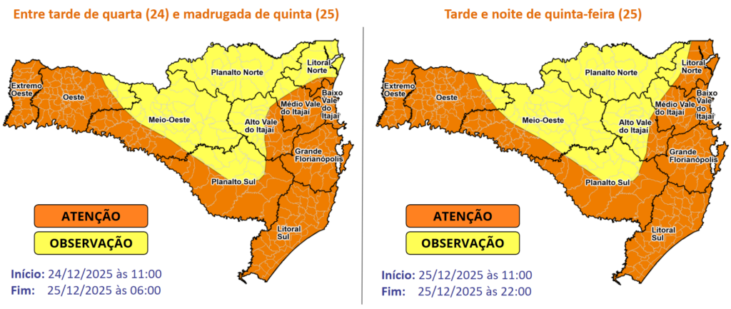 Defesa Civil alerta para possibilidade de temporais com chuva intensa entre a quarta (24) e a quinta-feira (25)