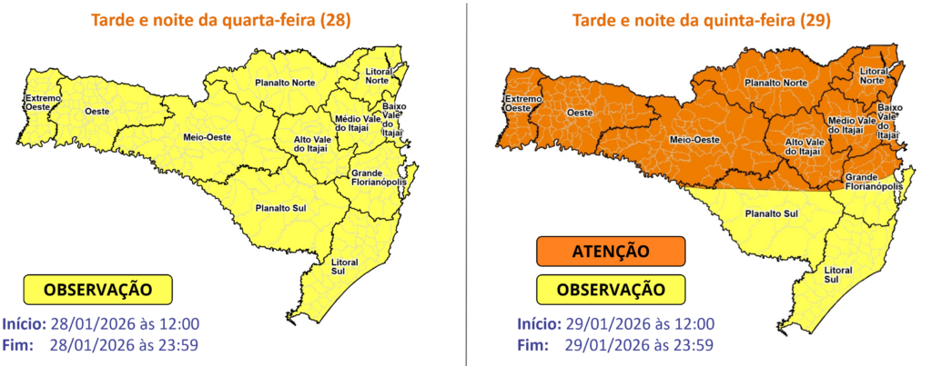 SC deve registrar temporais com chuva intensa entre a tarde e a noite da quarta (28) e quinta-feira (29)
