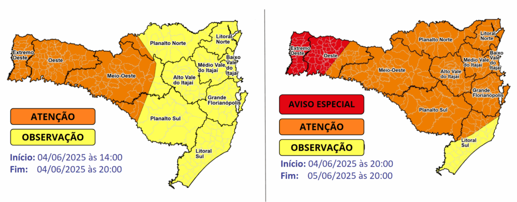 Defesa Civil emite aviso especial para possibilidade de temporais no Oeste entre a quarta e quinta-feira
