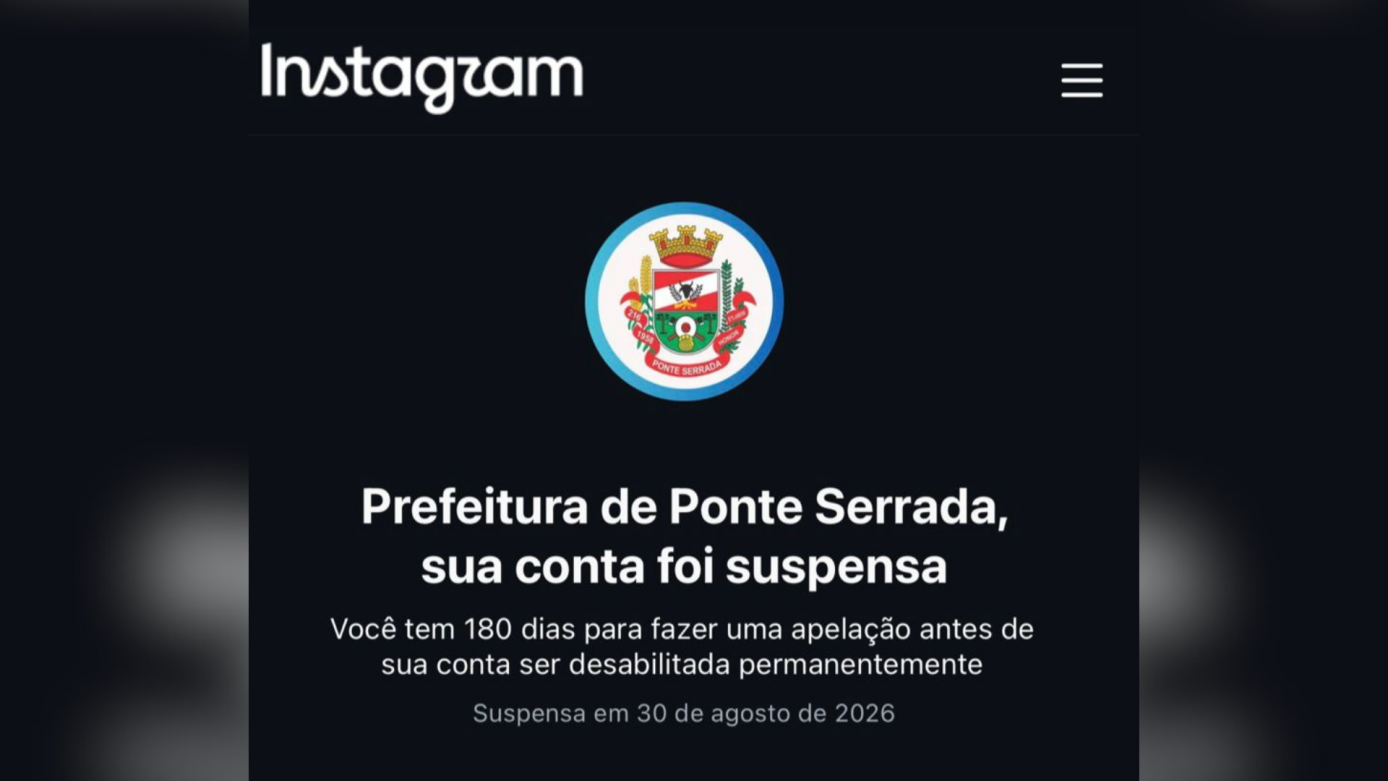 Instagram oficial da Prefeitura de Ponte Serrada é suspenso e município busca recuperar a conta