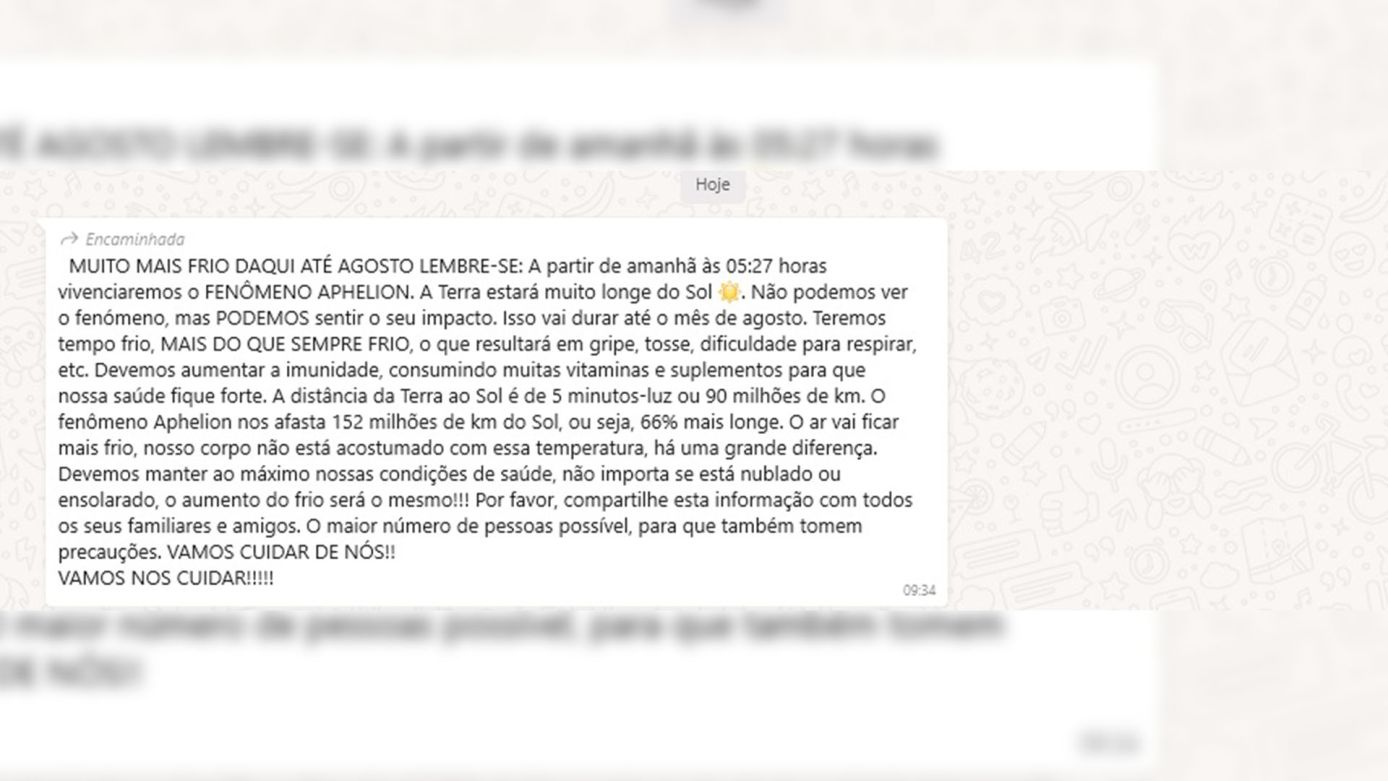 FAKE: corrente do Whatsapp que fala sobre distância da Terra e o Sol, influência no clima e na saúde e que incentiva o uso de vitaminas é falsa