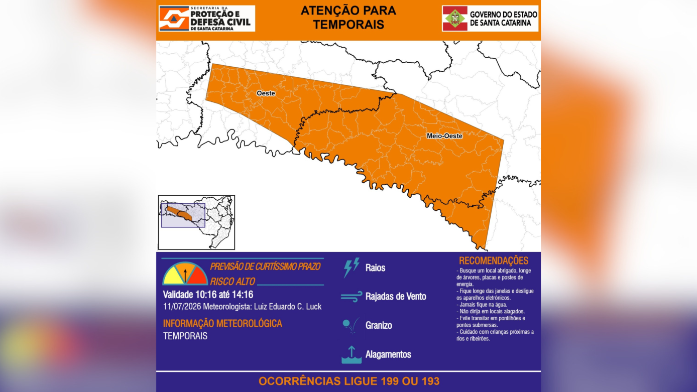Defesa Civil emite alerta para temporais em três regiões de Santa Catarina